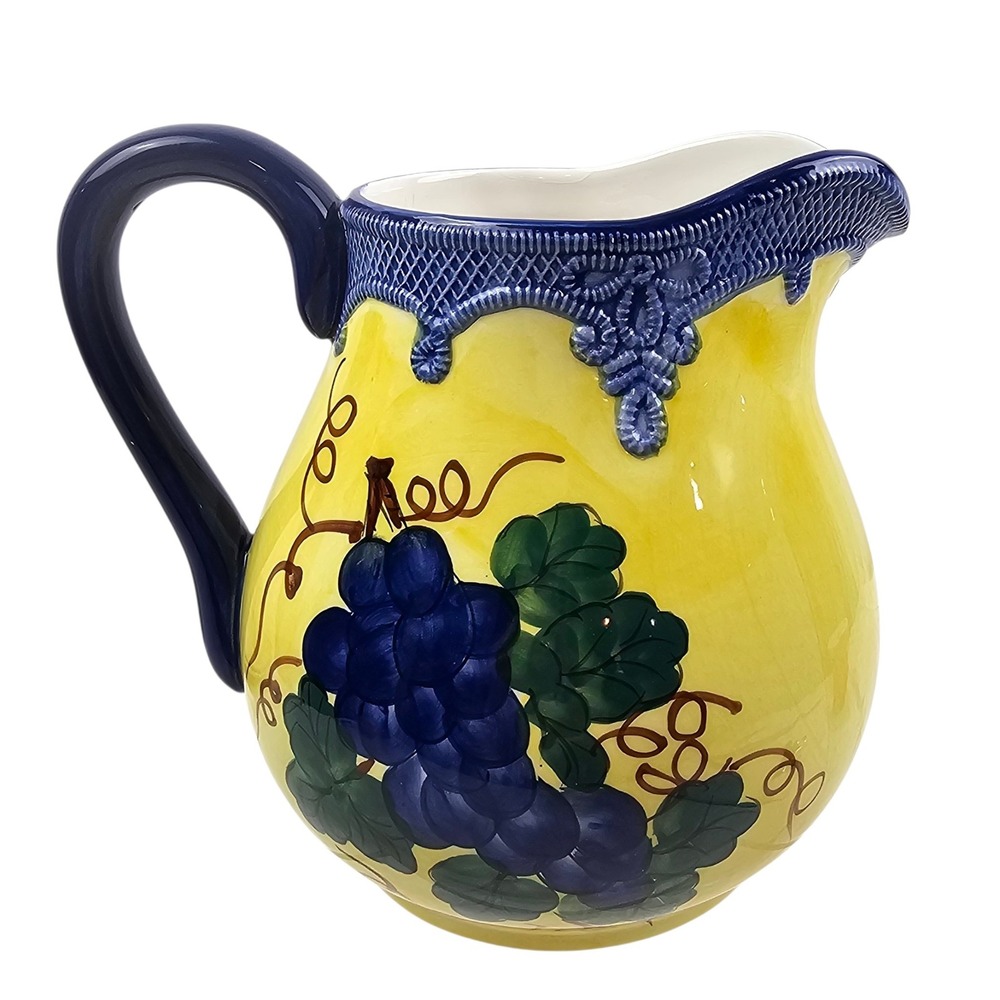Yellow Ceramic Grape Pitcher Hand Painted Blue Lattice Trim Mediterranean Style